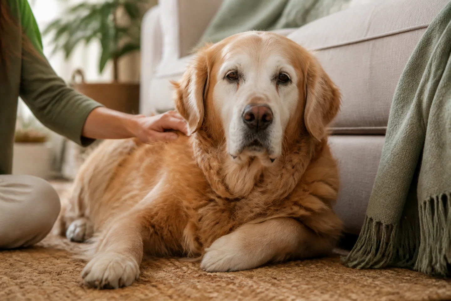 Illustration of a grey-muzzled dog resting in a warm, sunlit home