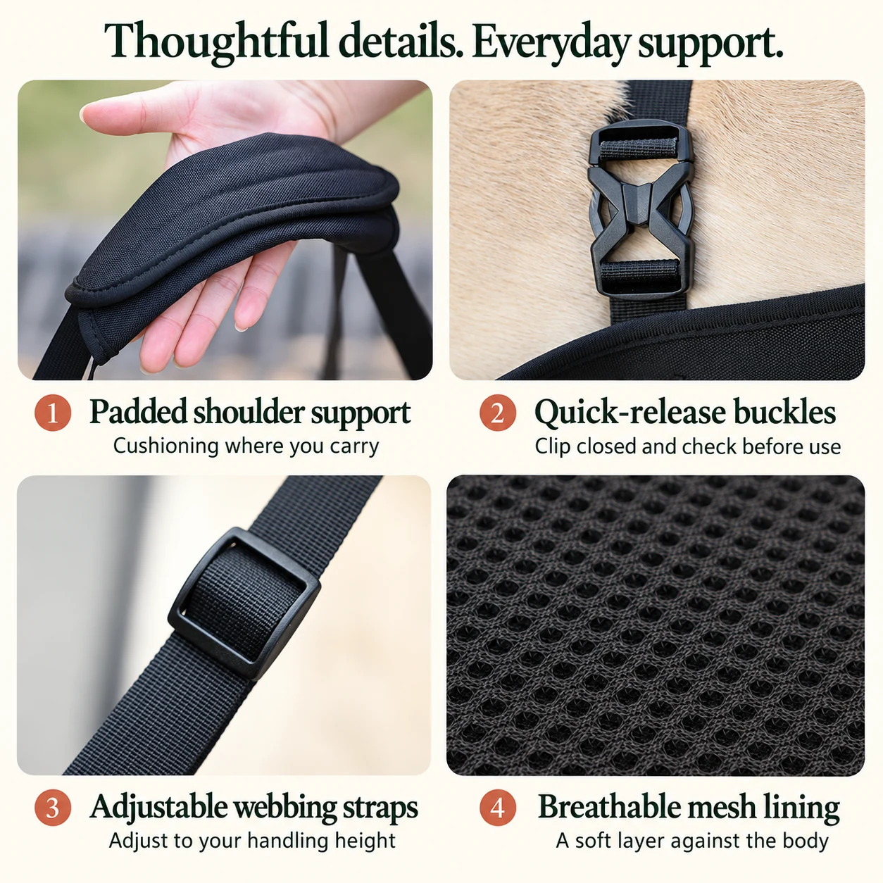 Close-ups of the padded shoulder section, quick-release buckle, adjustable webbing slider and mesh lining.