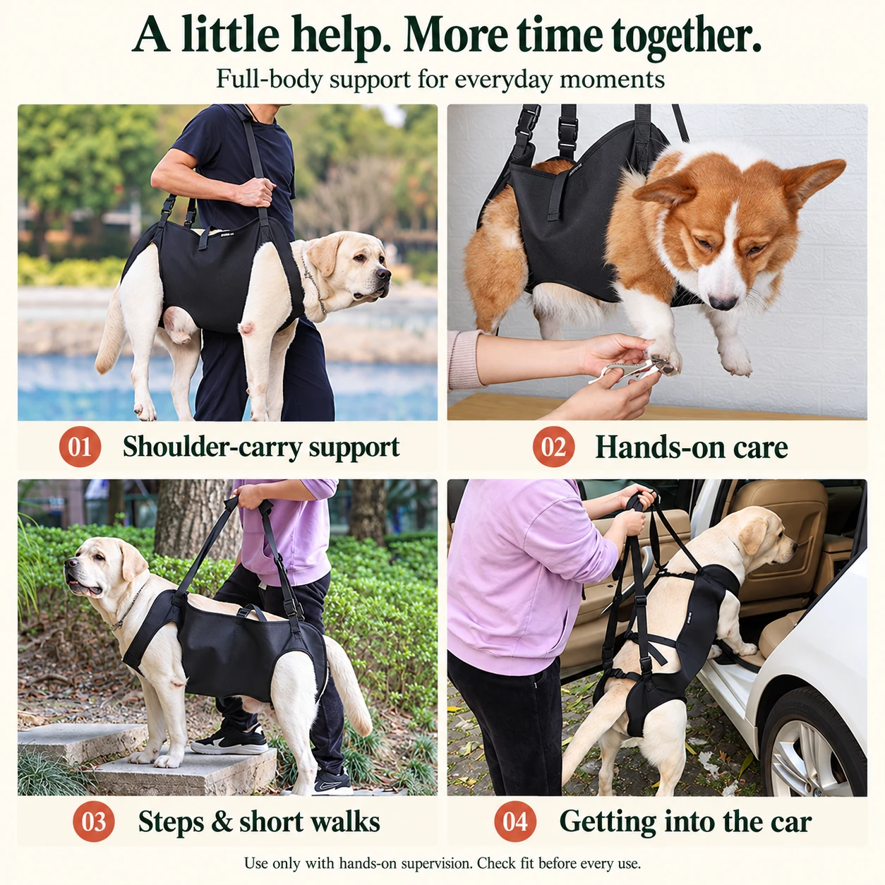 Four uses of the black dog support sling: shoulder carrying, hands-on care, steps and short walks, and helping a dog into a car.