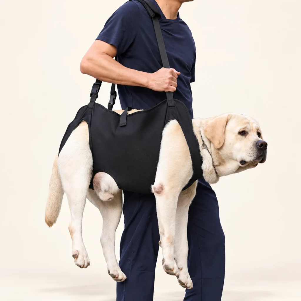 Black full-body dog support sling on a Labrador, showing the fabric body and shoulder straps.